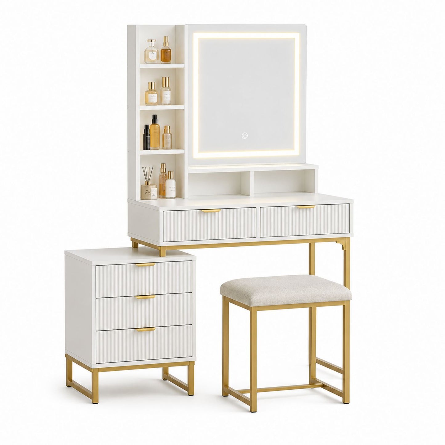 Wooden and Metal Vanity Set with LED Mirror and Stool White and Gold