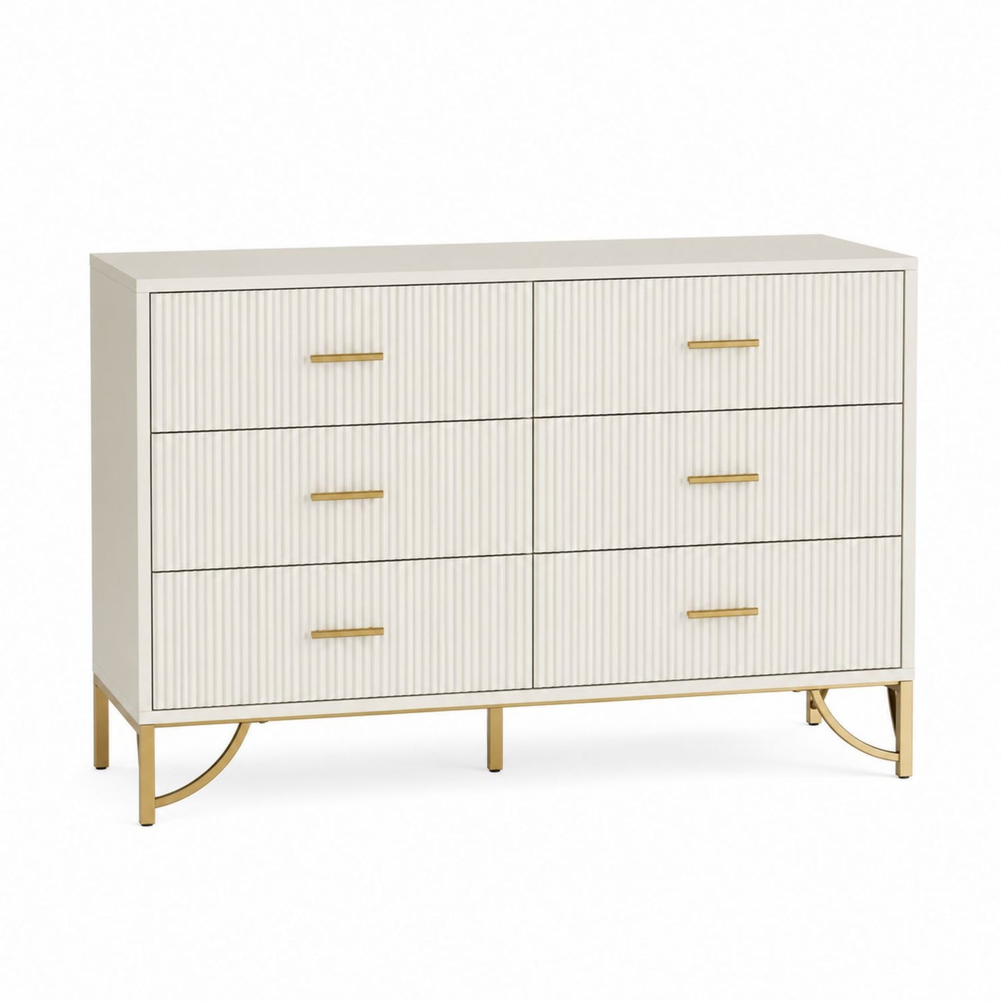 6-Drawer Wood Dresser with Gold Metal Handles White