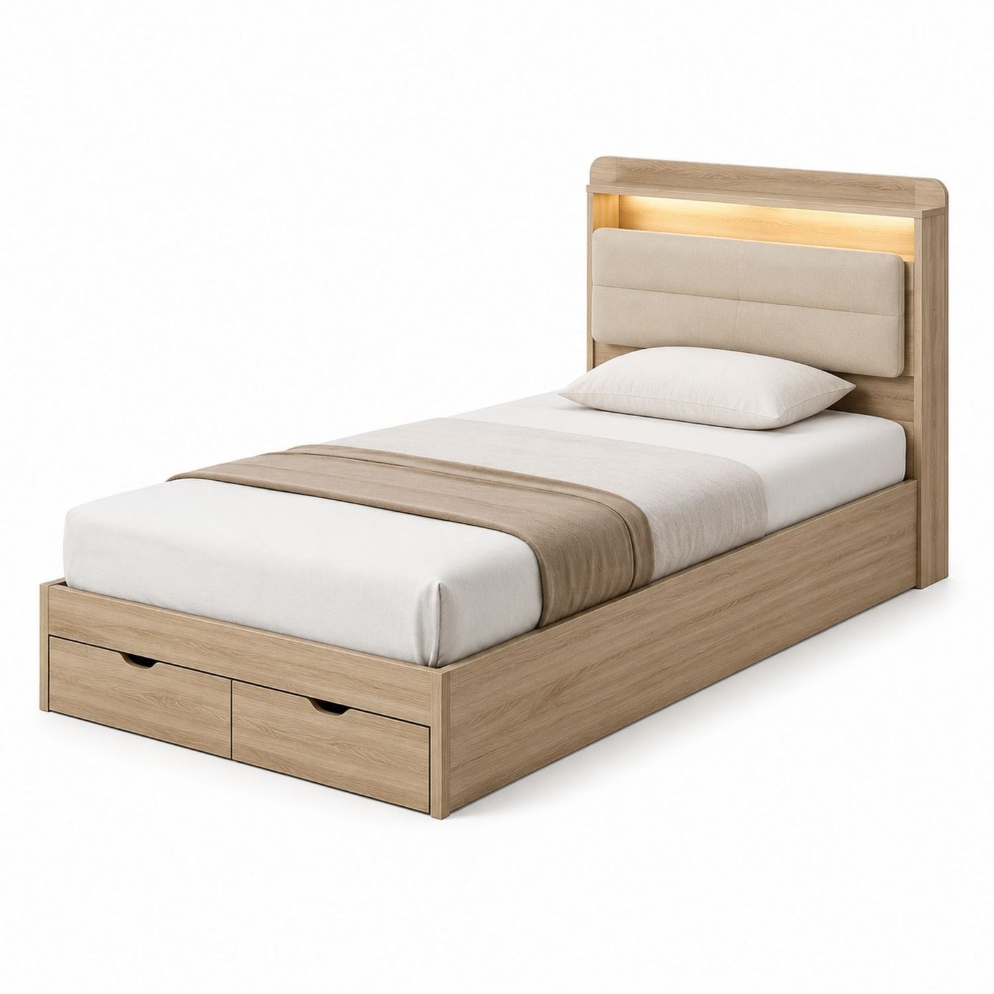 Wooden Single Bed with Storage Drawers and Padded Headboard Light Oak