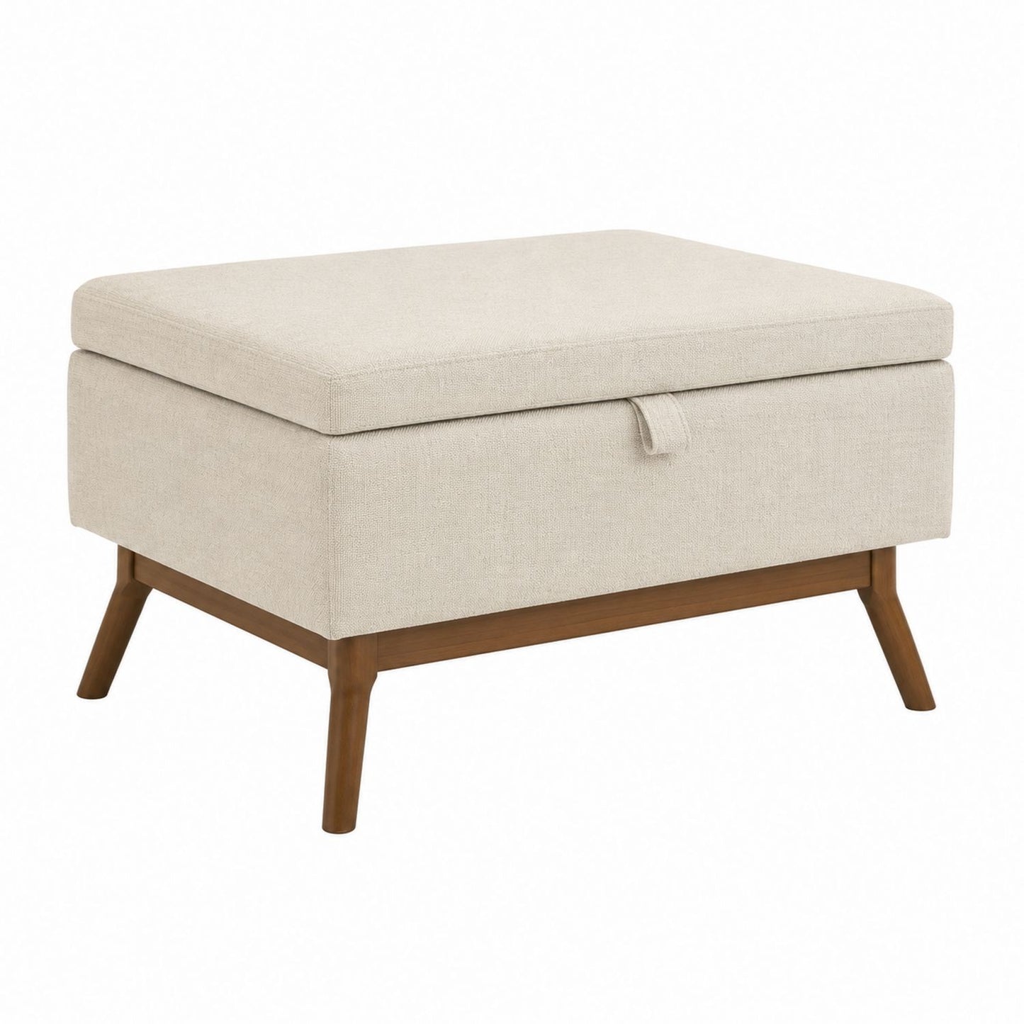 Linen Upholstered Storage Ottoman Bench with Wooden Legs Beige 90cm x 50cm x 45cm
