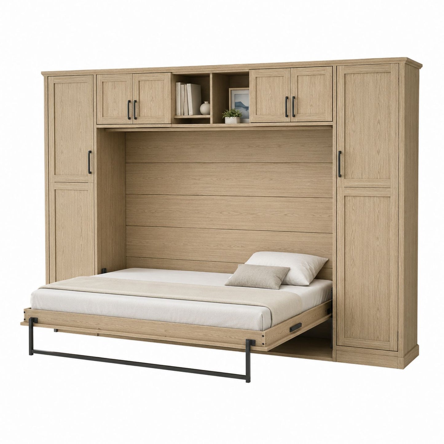 Oak Wood Murphy Bed with Storage Cabinets and Shelves