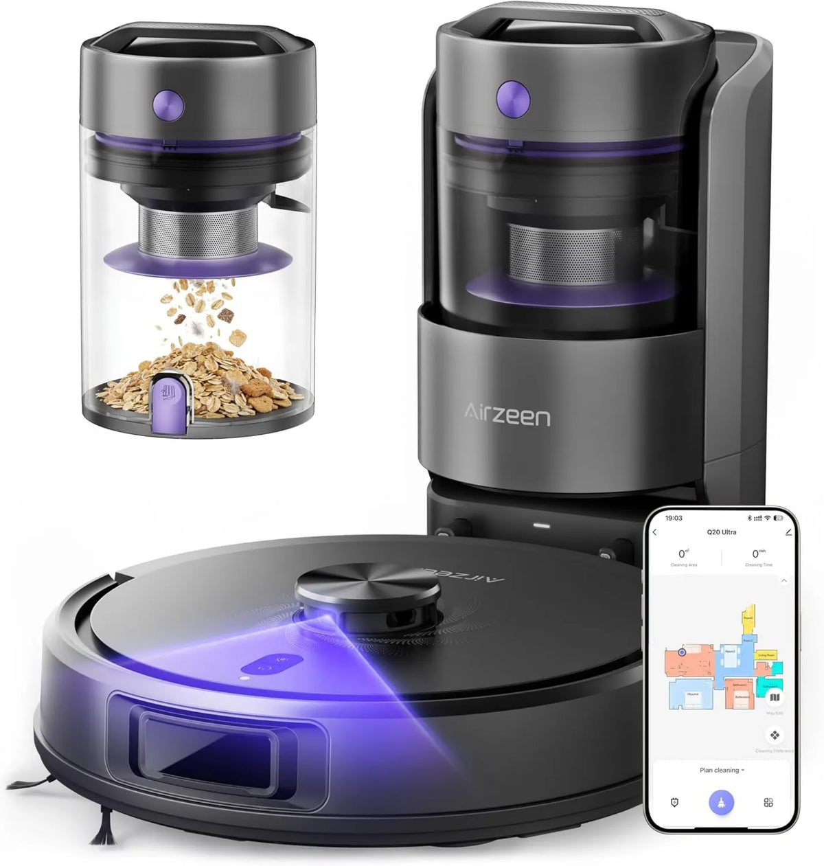 Robot Vacuum and Mop Bagless Robot, Vacuuming and Mopping, Self-Emptying Base, Airzeen