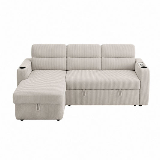 Corduroy Sectional Sofa with Pull-Out Bed and Storage Ottoman Beige