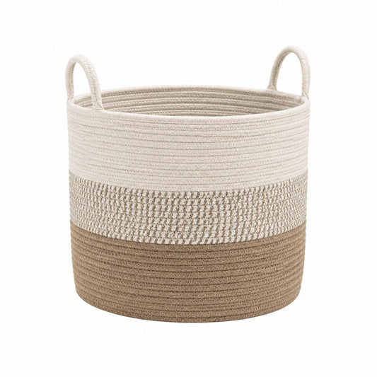 Cotton Polyester Round Storage Basket Beige and Brown 40cm Diameter