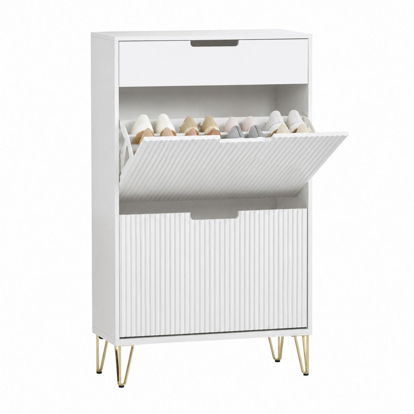 White MDF Shoe Cabinet with Metal Legs and Two Flip-Down Doors