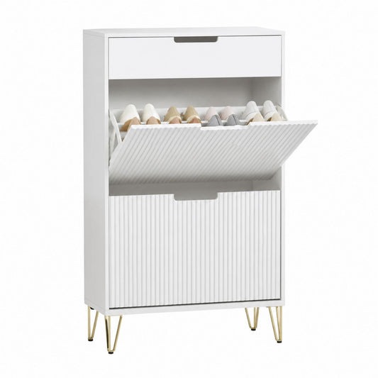 White MDF Shoe Cabinet with Metal Legs and Two Flip-Down Doors