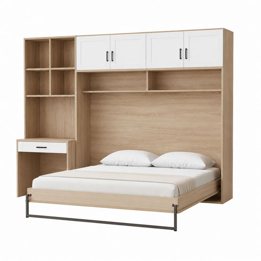 Queen Wall Bed with Storage Shelves and Cabinet in Wood and Metal