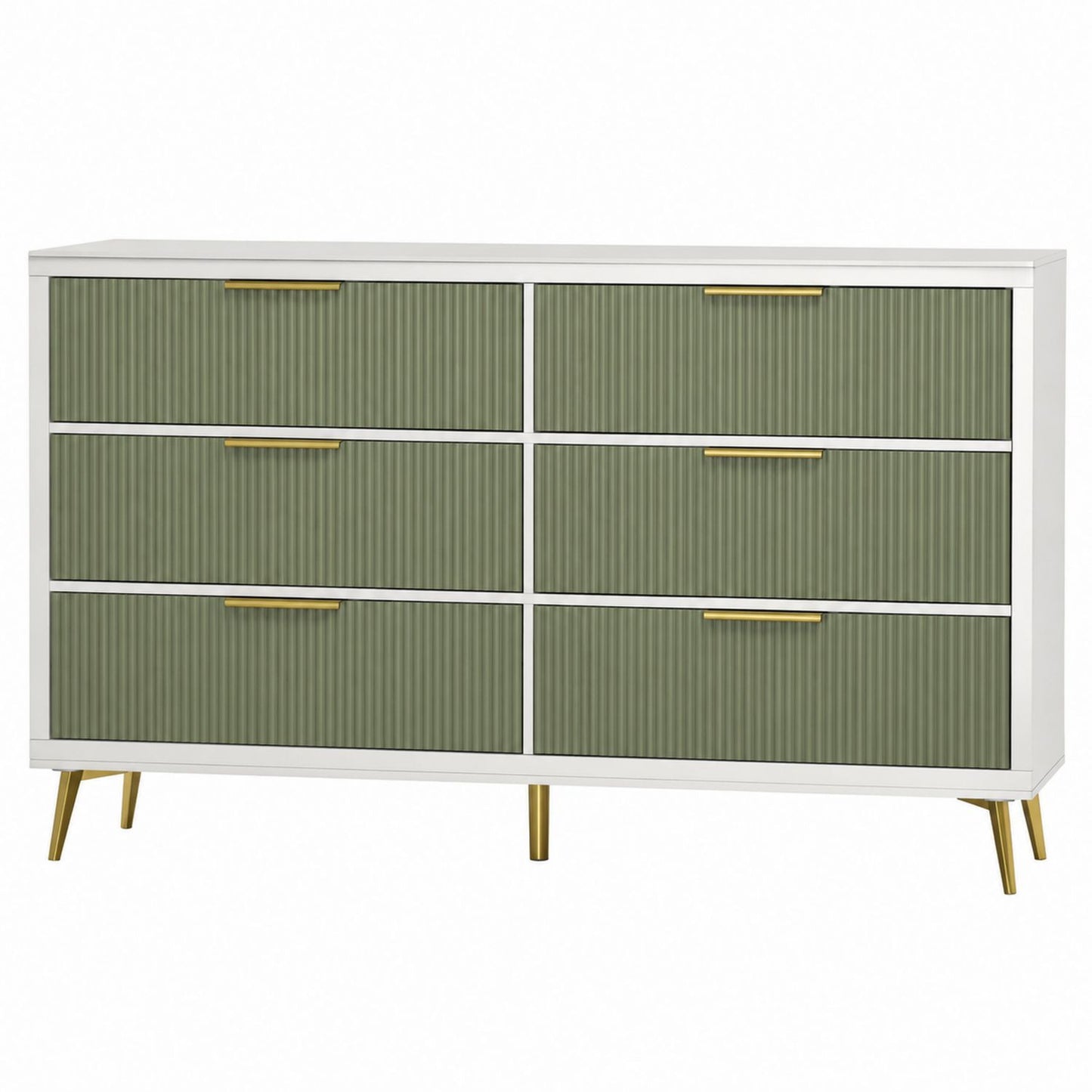 6 Drawer MDF Dresser Olive Green and White with Gold Handles 120x40x80cm