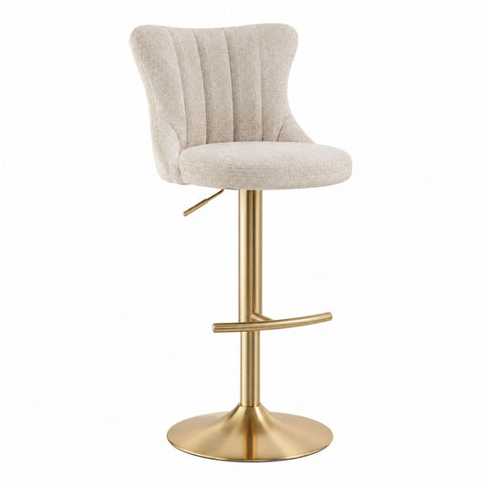 Beige Polyester Fabric Adjustable Swivel Bar Stool with Metal Base