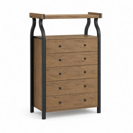 Wood and Metal Vertical Dresser with 5 Drawers Brown Black