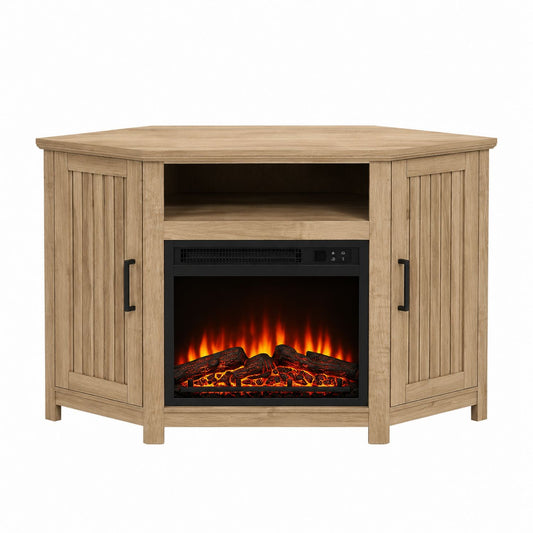 Corner Wood TV Stand with Electric Fireplace Insert Oak Finish