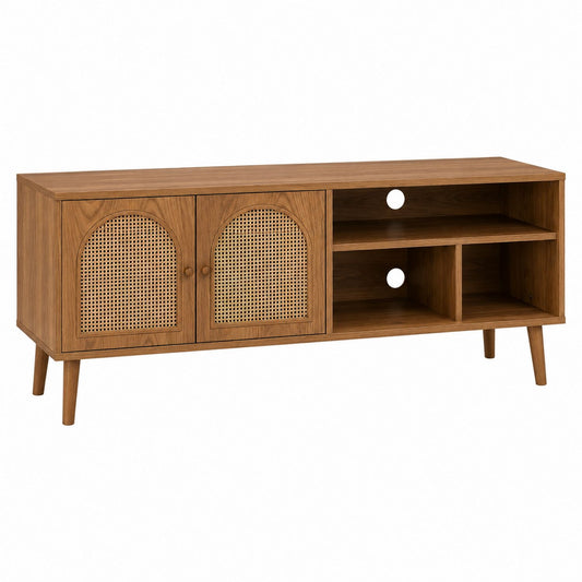 Wood TV Stand with Rattan Doors, 120cm Length