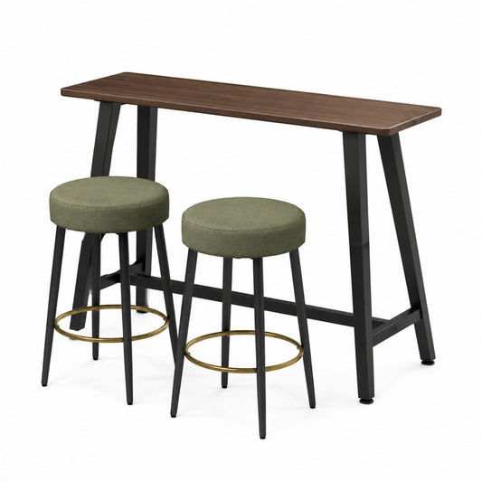 Walnut Bar Table Set with Fabric Stools and Steel Base