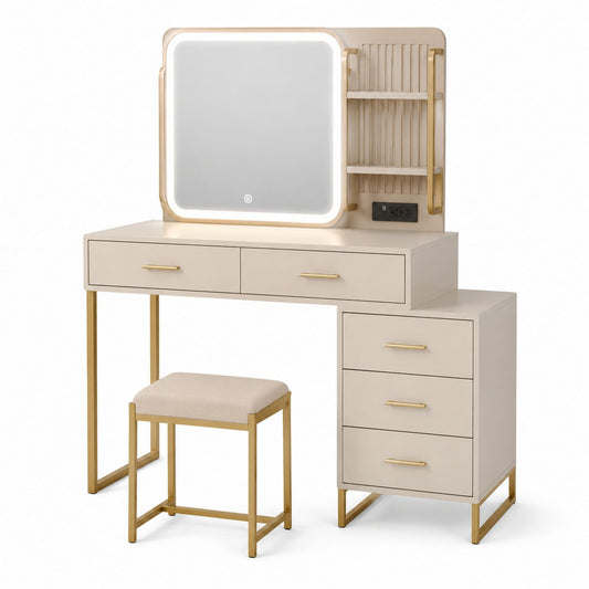 Beige Metal Frame Vanity Set with LED Mirror and Stool
