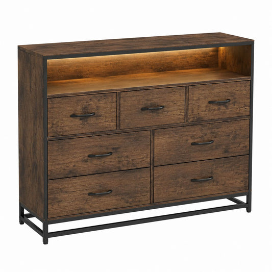 Wooden Dresser with Metal Frame and LED Light Brown 7 Drawers 120x40x100cm