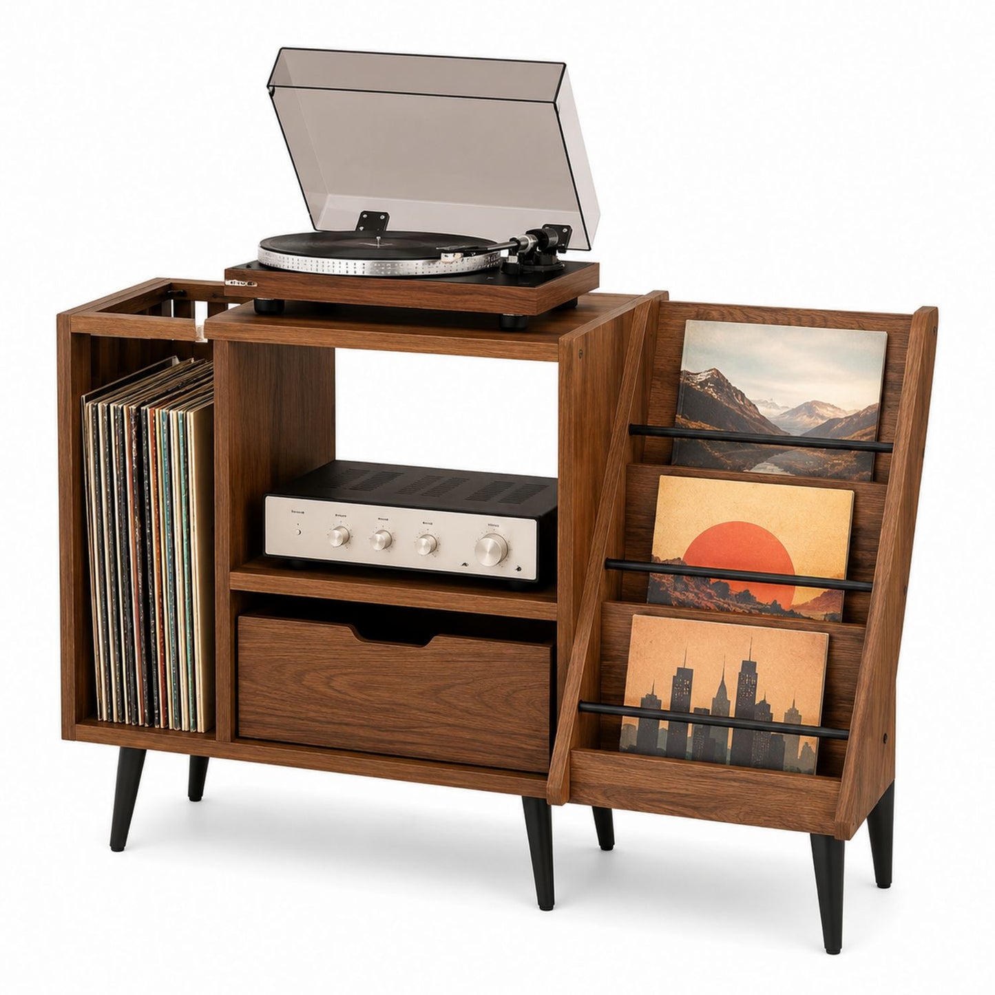 Walnut Wood Vinyl Record Player Stand with Storage and Display Shelves
