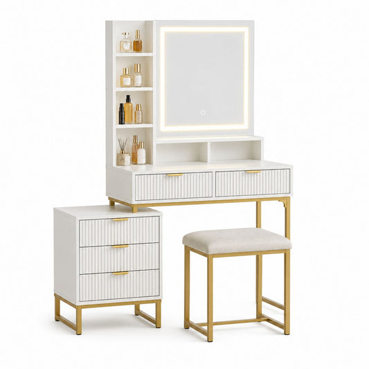Wooden and Metal Vanity Set with LED Mirror and Stool White and Gold