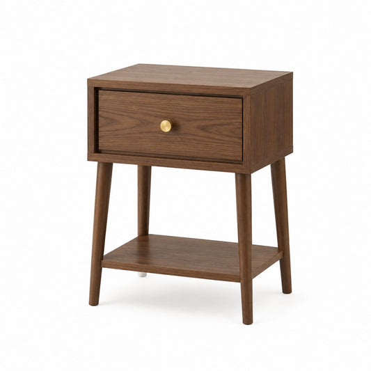 Walnut Wood Nightstand with Drawer and Shelf