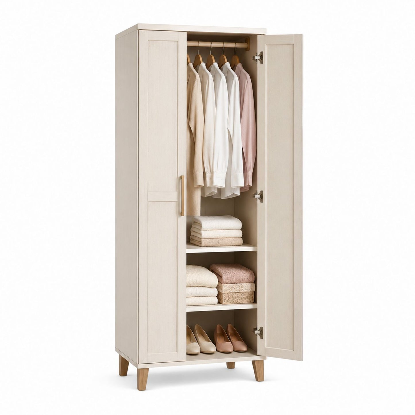 Wood Wardrobe with Hanging Rail and Shelves Beige