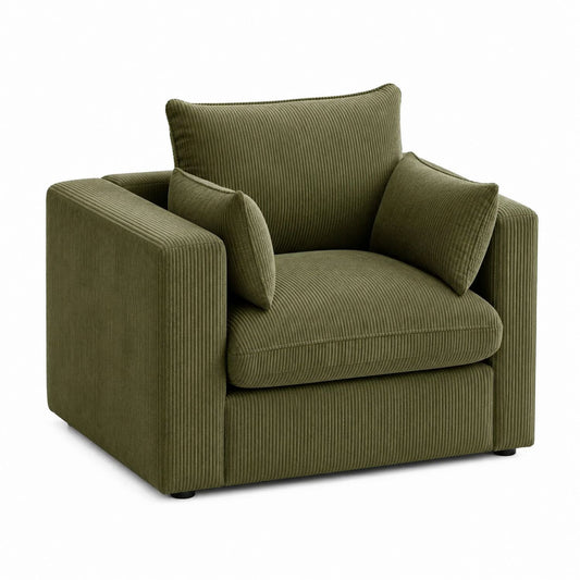 Olive Green Corduroy Armchair with Cushions