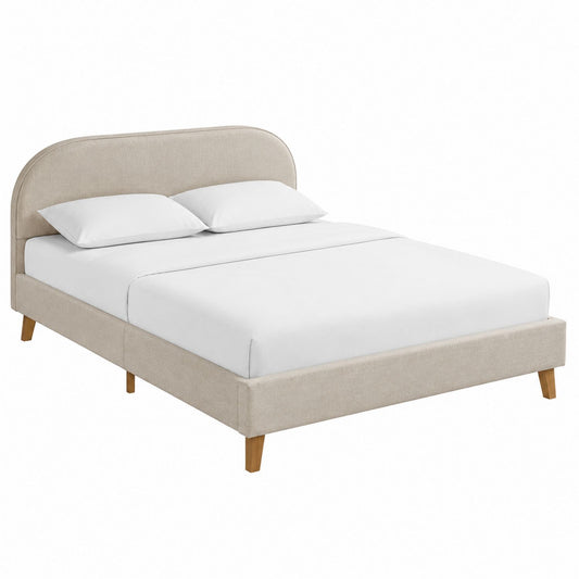 Beige Polyester Upholstered Platform Bed Queen Size