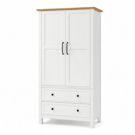 White Two-Door Wardrobe with Two Drawers Solid Wood and MDF