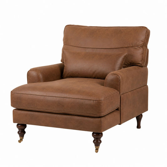 PU Leather Armchair Brown with Rolled Arms and Wooden Legs