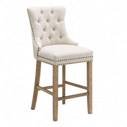 Linen Upholstered Bar Stool with Wood Legs, Beige High Back