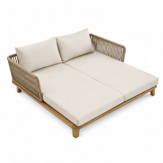 Outdoor Double Chaise Lounge Teak Frame with Beige Cushions