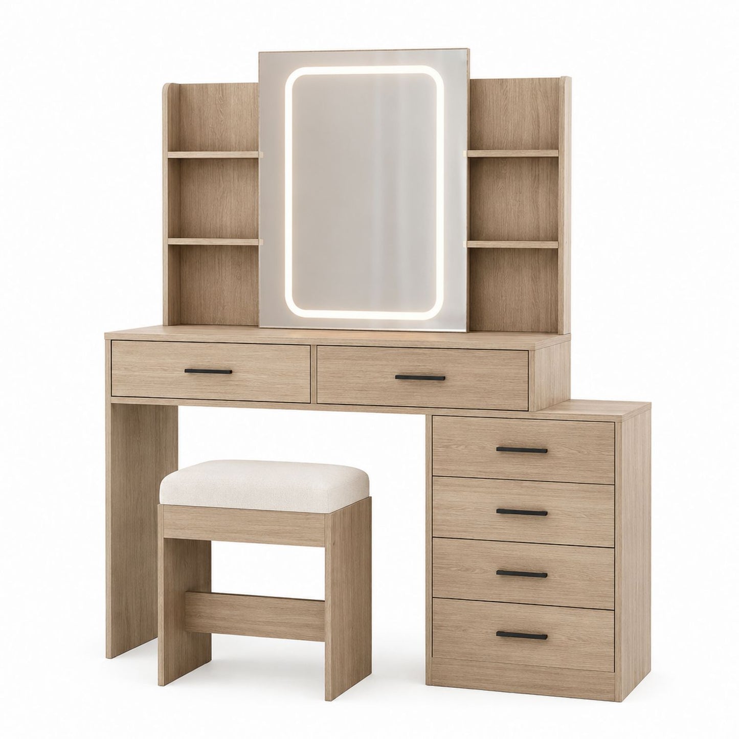 Wood Vanity Set with LED Mirror and Stool