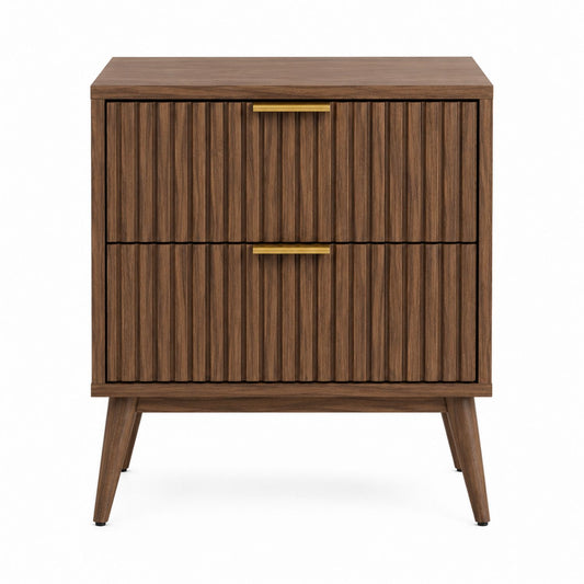 Wooden Nightstand with 2 Drawers and Brass Handles