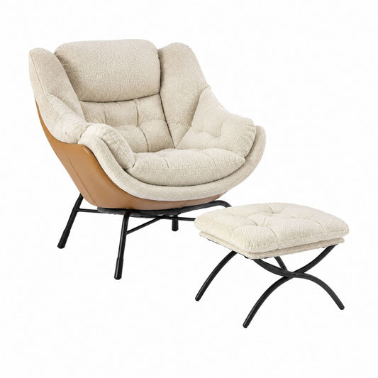 Beige Bouclé Fabric Lounge Chair and Ottoman with Faux Leather and Metal Legs
