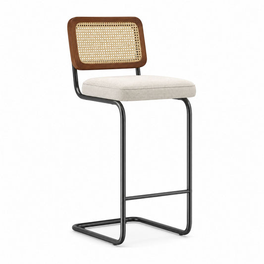 Rattan Back Bar Stool with Metal Frame and Linen Seat