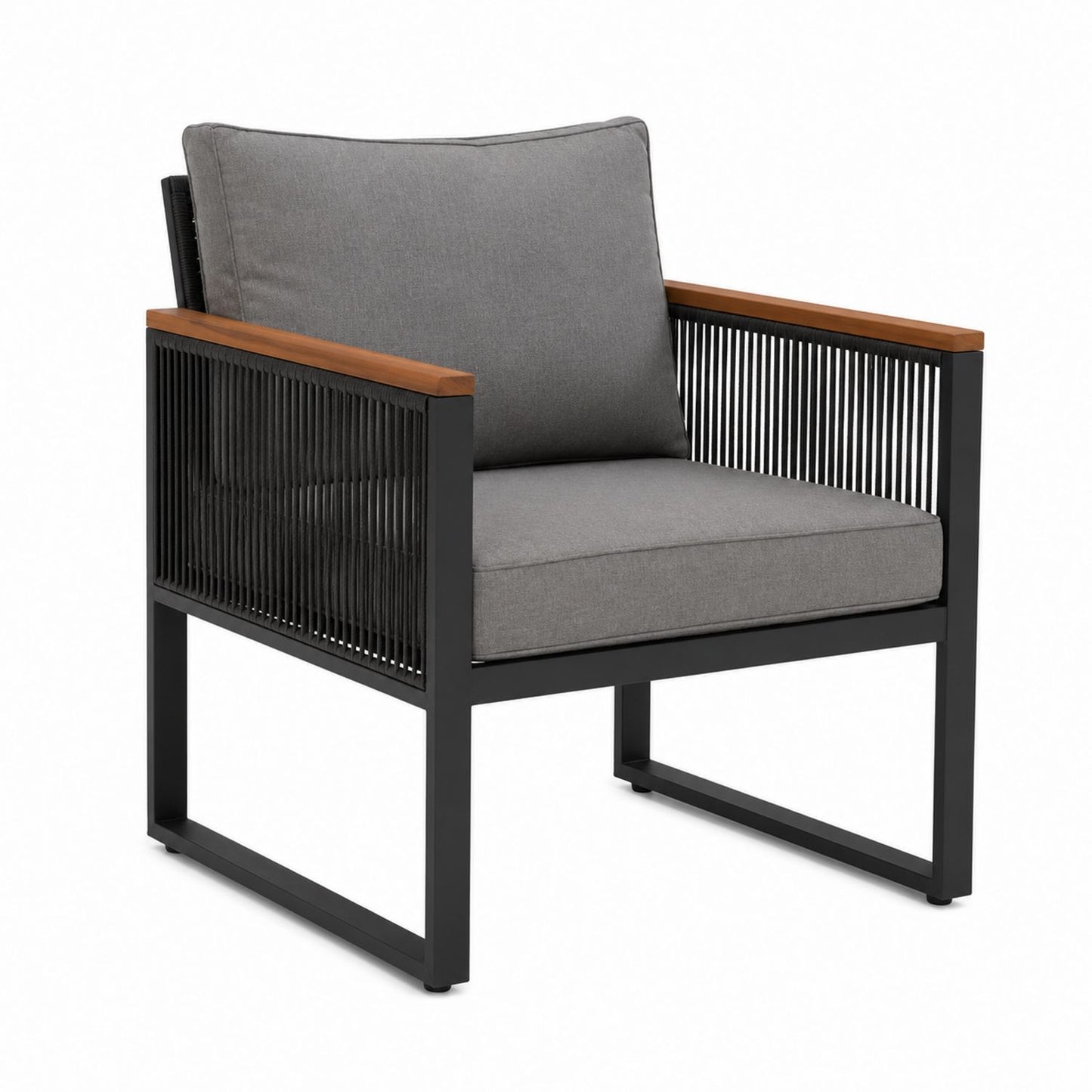 Outdoor Lounge Chair Metal Frame Teak Armrests Grey Cushions 75cm x 80cm x 85cm