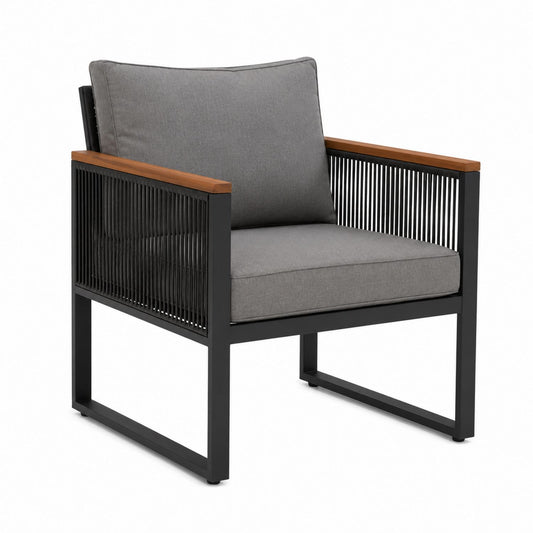 Outdoor Lounge Chair Metal Frame Teak Armrests Grey Cushions 75cm x 80cm x 85cm