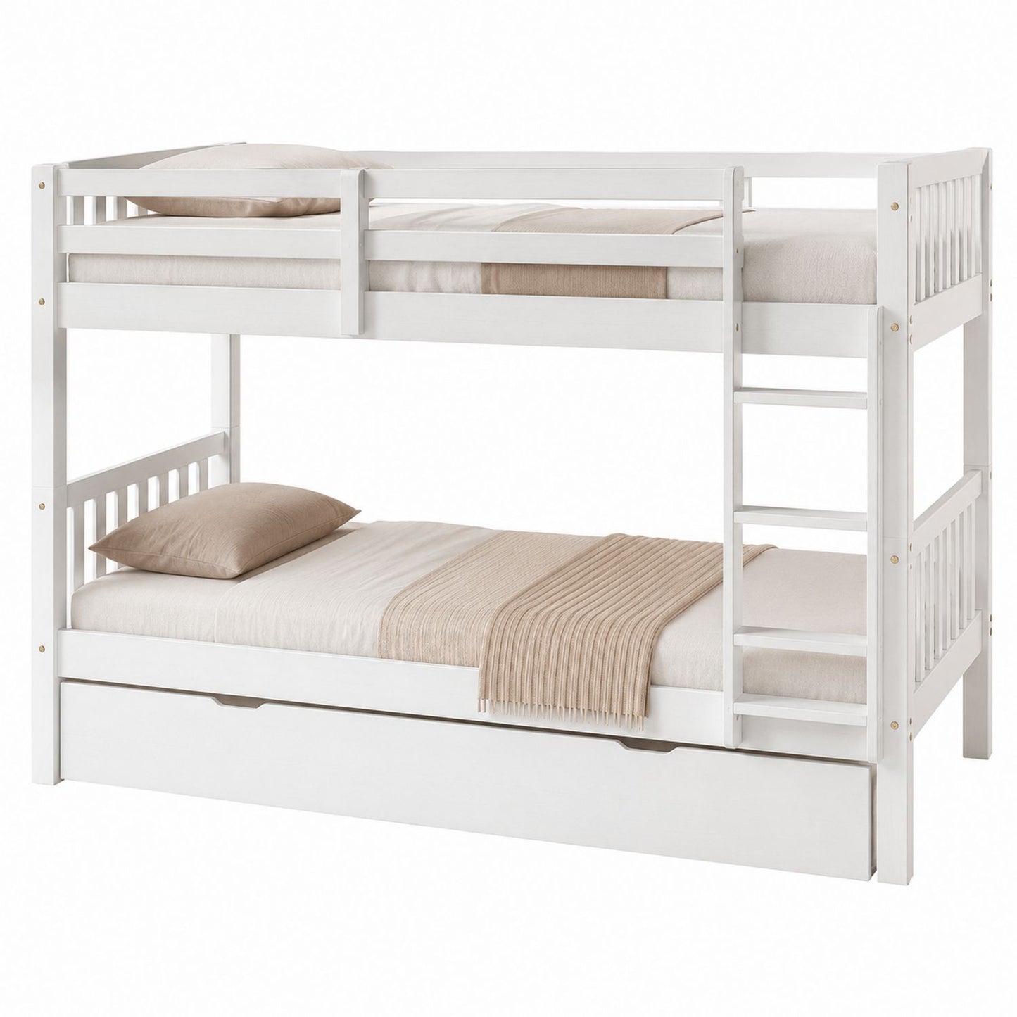 Wooden Bunk Bed with Ladder and Trundle Twin Size White