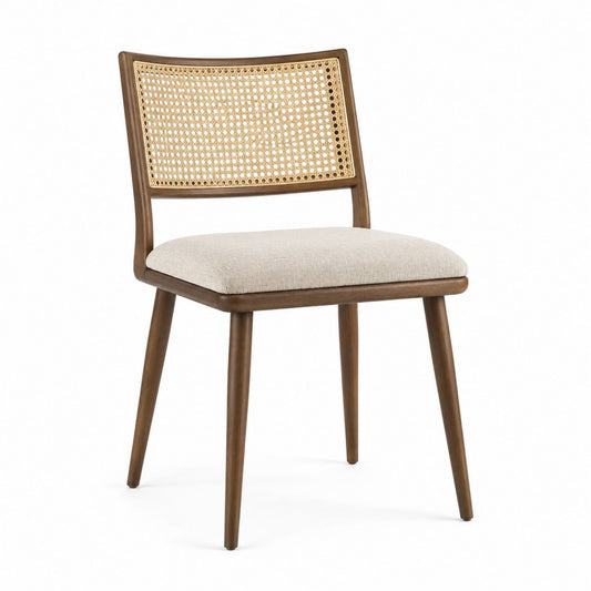 Wood Frame Dining Chair with Rattan and Linen Cushion