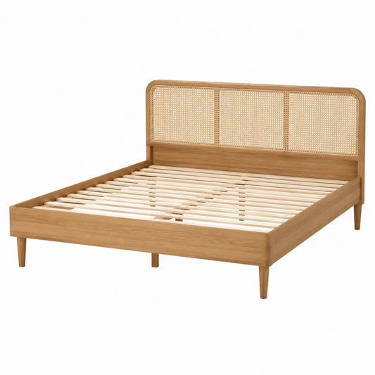 Wood Platform Bed with Cane Headboard Queen Size