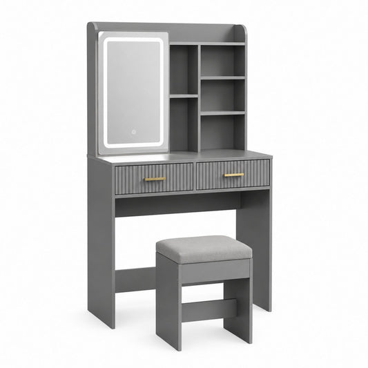 Gray Wood Vanity Set with LED Mirror and Stool