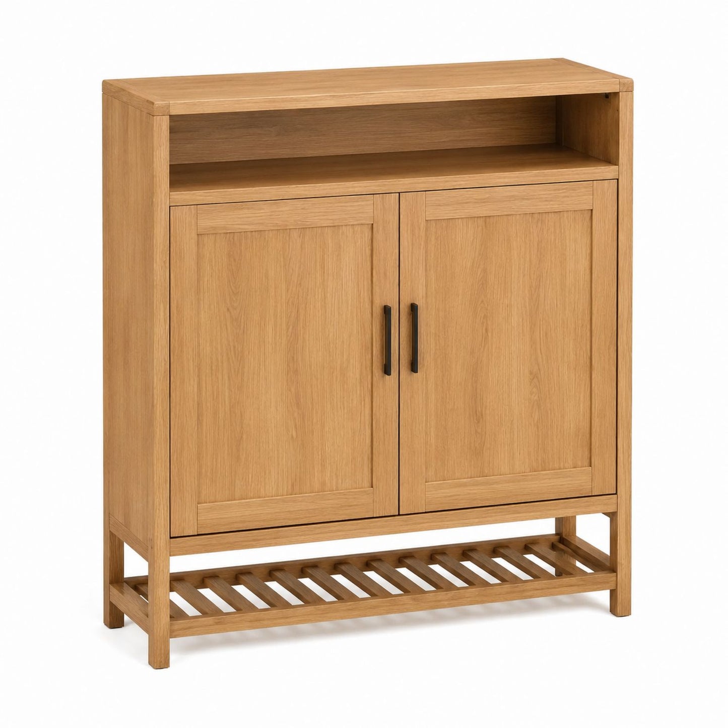 Wood Shoe Storage Cabinet with Shelves and Metal Handles