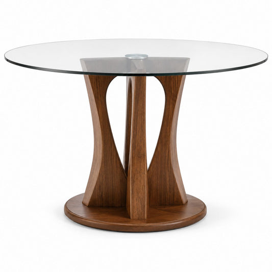 Round Glass Top Dining Table with Walnut Base