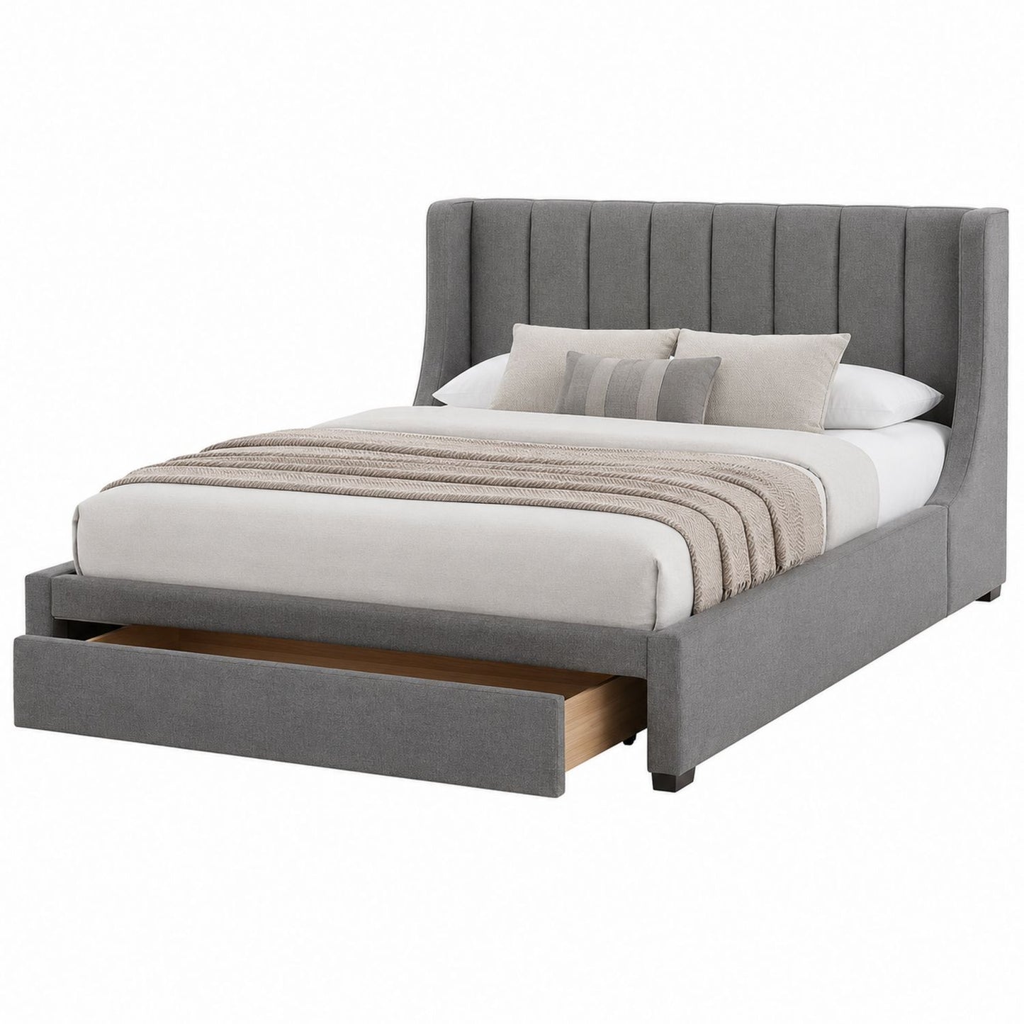 Gray Upholstered Platform Bed with Storage Drawer