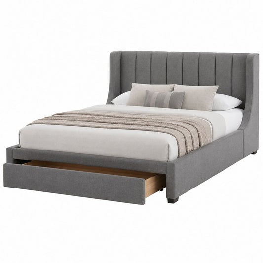 Gray Upholstered Platform Bed with Storage Drawer