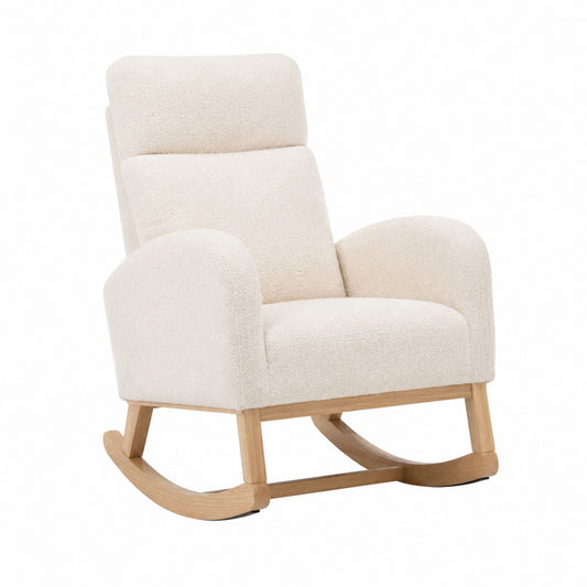 Cream Boucle Fabric Oak Wood Rocking Chair