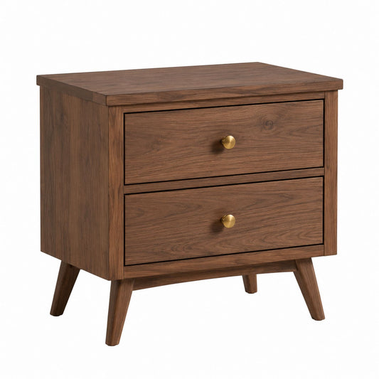 Solid Wood Nightstand with Walnut Veneer and Brass Handles