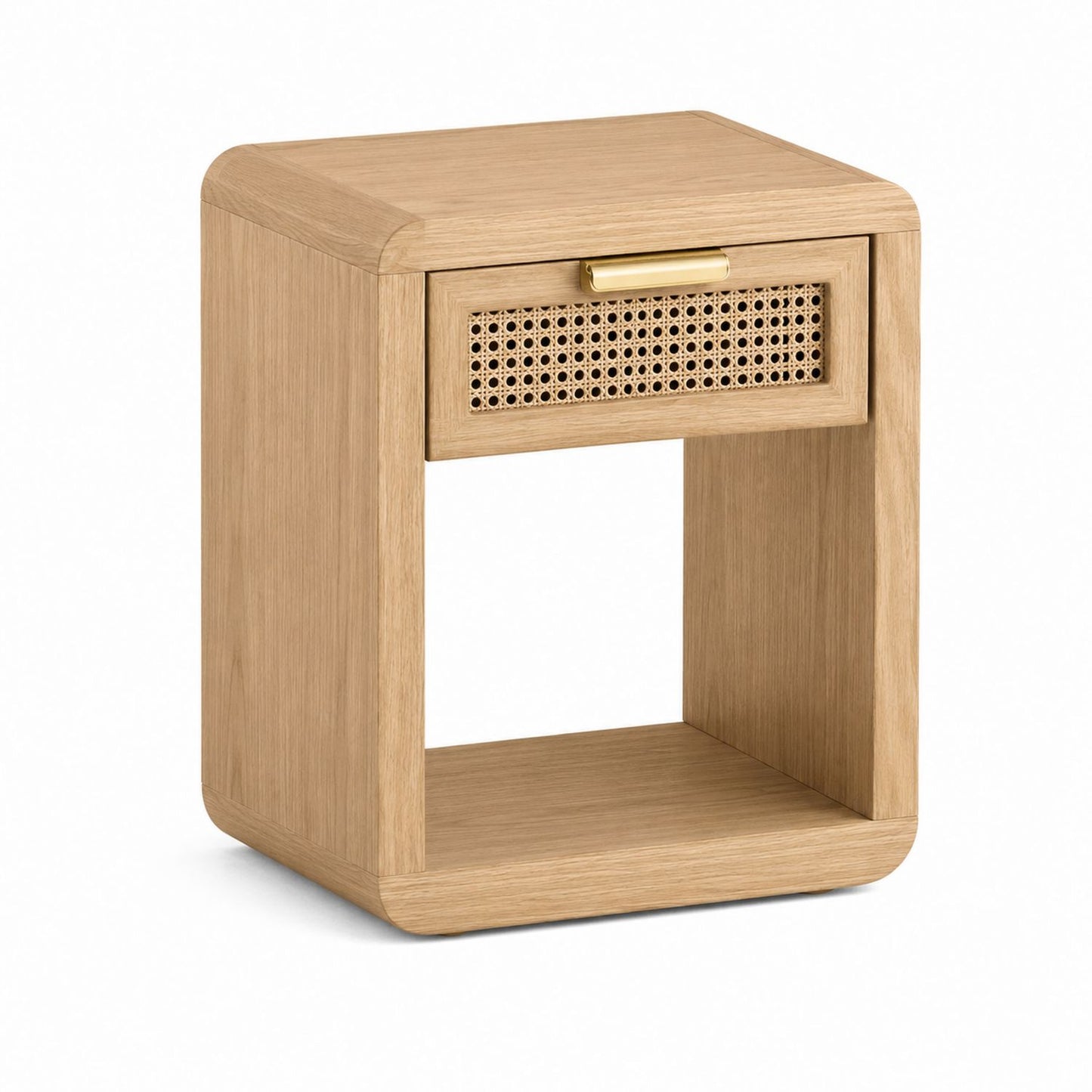 Oak Veneer Nightstand with Rattan Drawer and Open Shelf 60cm