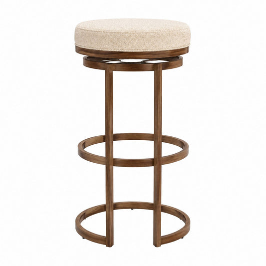 Wood Frame Round Bar Stool with Polyester Fabric Seat Beige 76cm