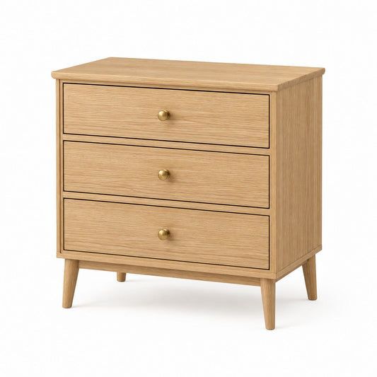 Three-Drawer Oak Wood Nightstand with Brass Handles