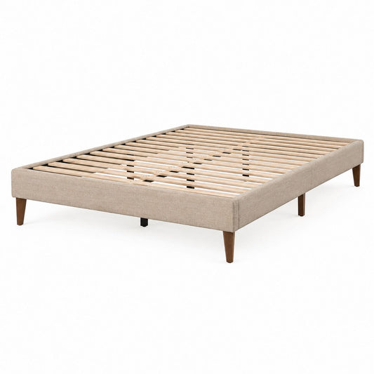 Queen Upholstered Platform Bed Frame with Wood Slats Beige