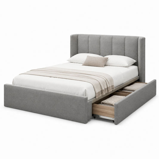 Gray Upholstered Queen Bed with Storage Drawers